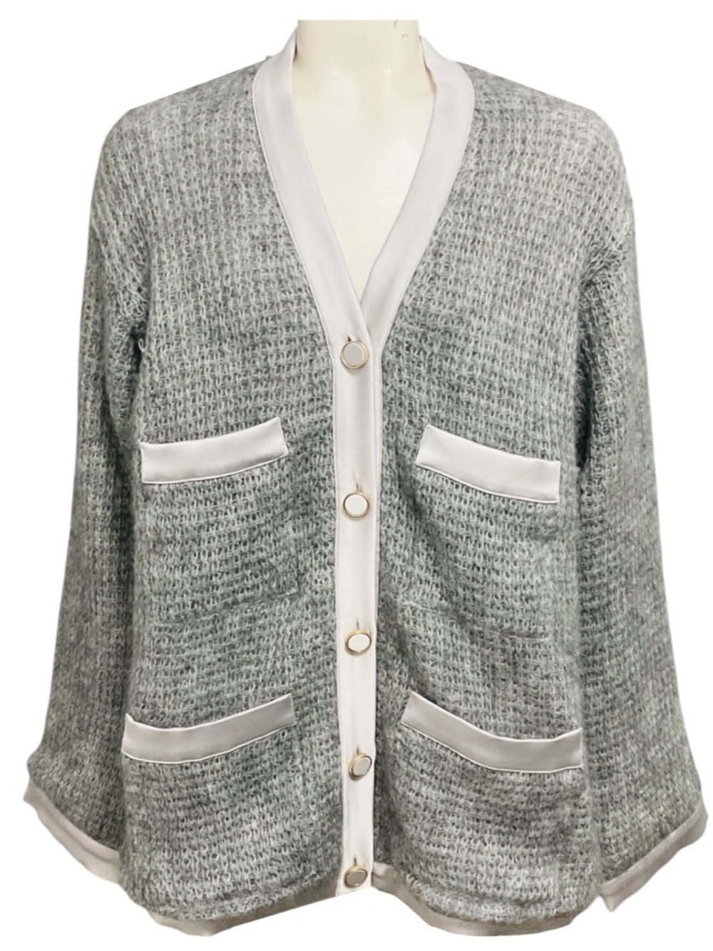 FORTE_FORTE GREY GRIGIO MELANGE WAFFLE KNIT POCKET CARDIGAN SWEATER